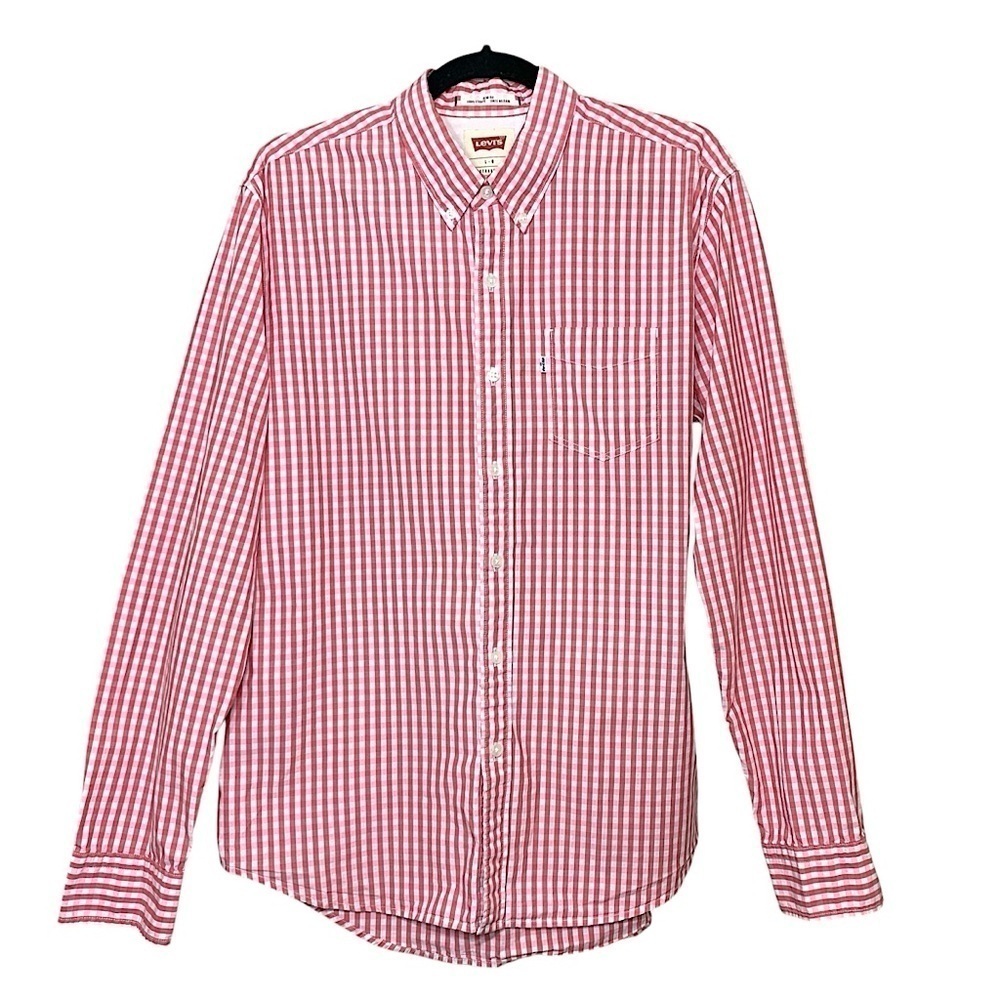 Levis Sunset Slim Fit Shirt Gingham Plaid Button Down Sz L Red Preppy Workwear